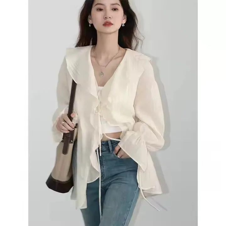 Spring Summer 2025 V Neck Lace up Mid Length Woman Shirts Women Shirt Loose Casual Ruffled Edges Female Blouses