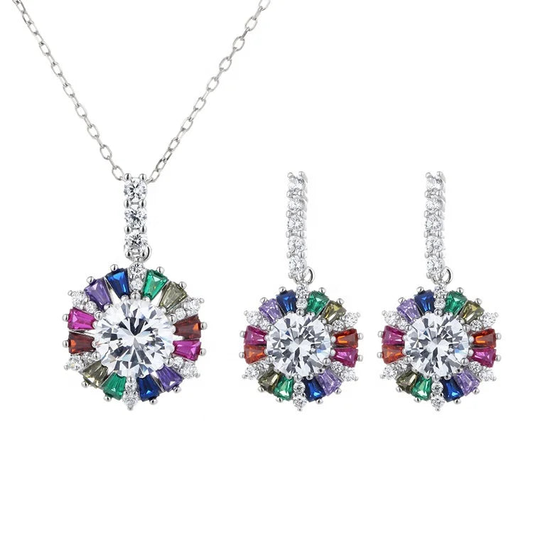 Yaeno Colorful Sunflower Necklace and Drop Stud Earrings Jewelry Set in Sterling Silver 925