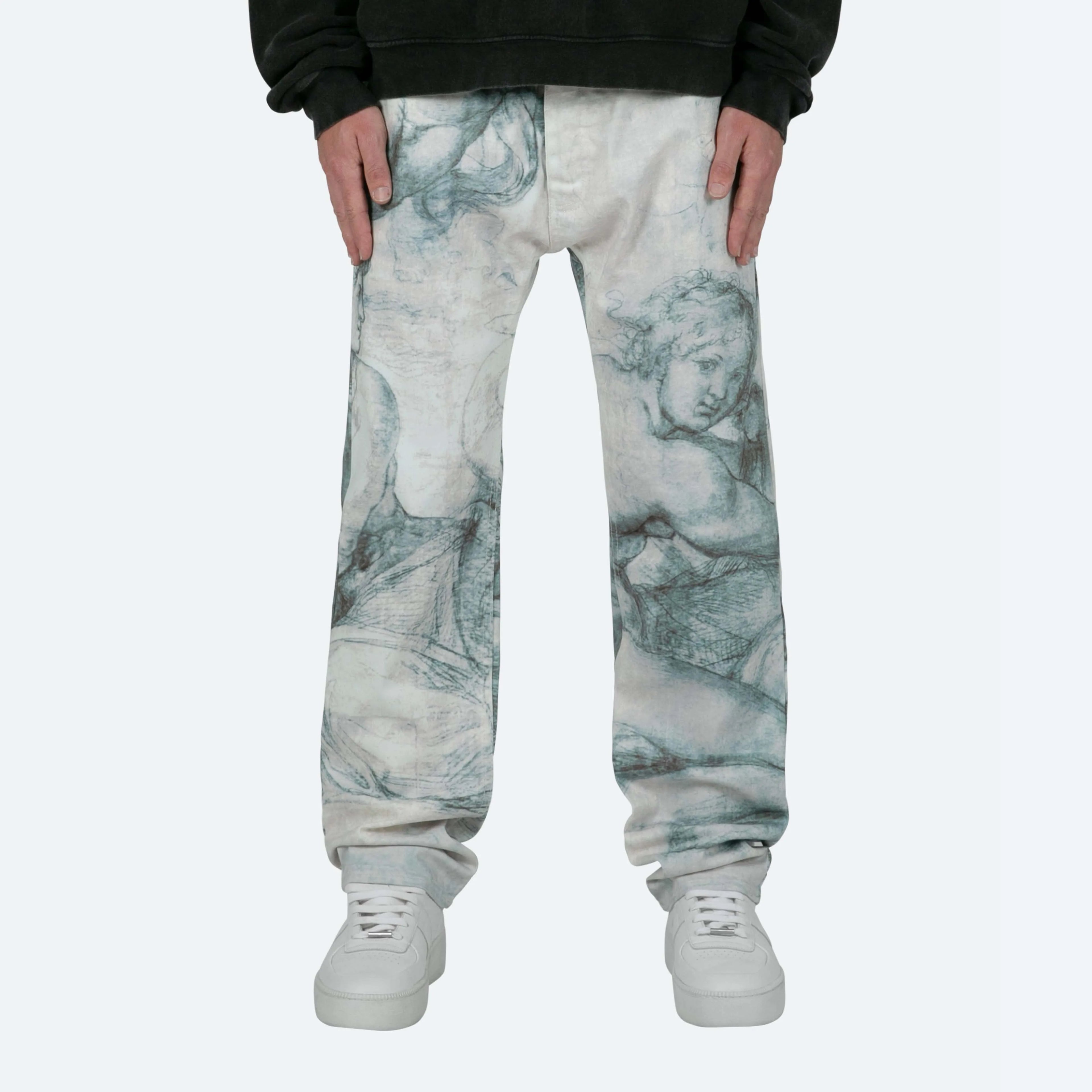 Custom Logo Designers Jeans Men's DTG Print All Over Sublimated Baroque Artwork Relaxed Fit Denim Jeans Long Pants