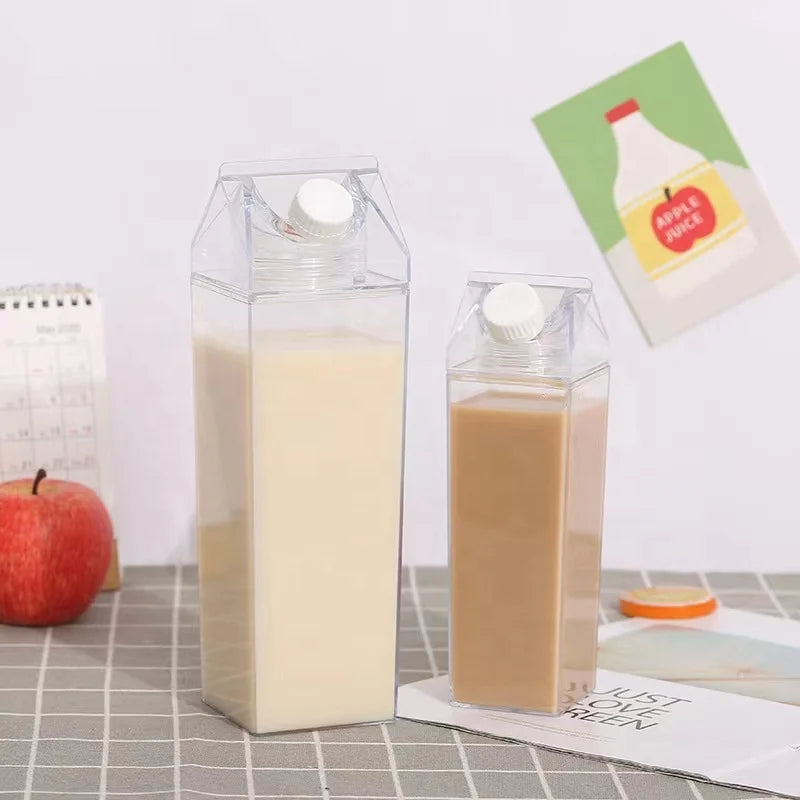 Cheap Custom LOGO Portable Drinking 1000ml Square Shape Box Plastic Clear Transparent Acrylic Milk Carton Water Bottle With Lid