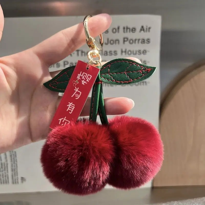 Personalize Key Chain Car Key Schoolbag Decoration 2025 Faux Fur Ball Key Ring Women Key Chains Fruit Cherry Plush Key Chain