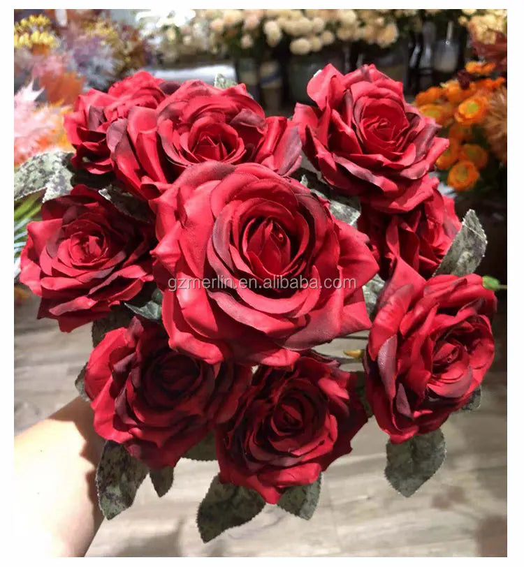 Wholesale Wedding Decoration Silk 9 Heads White Artificial Rose Flowers Bouquets