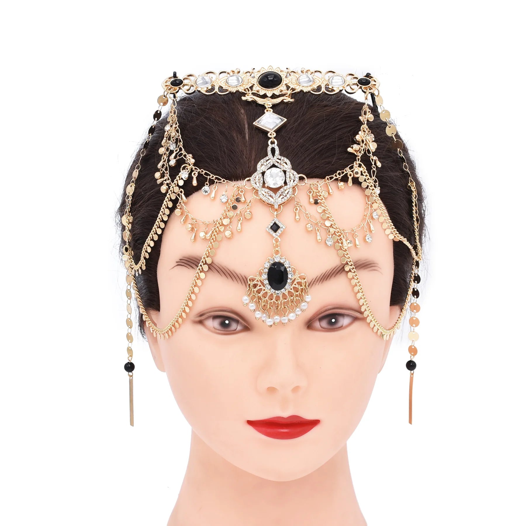 Bohemian Black Crystal Golden Tassel Pendant Hair Piece Wedding Indian Accessories Gypsy Women's Party Jewelry Gifts