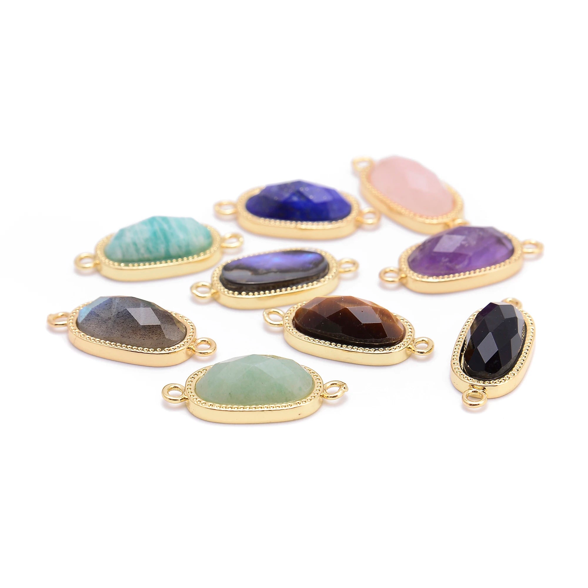Aventurine Obsidian Lapis Amazonite Labradorite Quartz Amethyst Abalone Oval Connector Pendant Charm for Jewelry Making 9x16mm