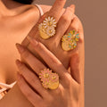 Newest Design 2025 Enamel Daisy Flower Jewelry Set Women Cute Stainless Steel Gold Plated Stud Earrings and Open Ring Set