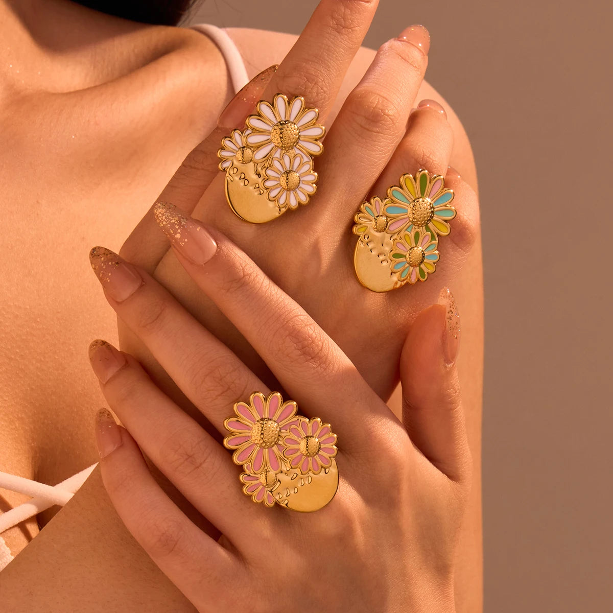 Newest Design 2025 Enamel Daisy Flower Jewelry Set Women Cute Stainless Steel Gold Plated Stud Earrings and Open Ring Set