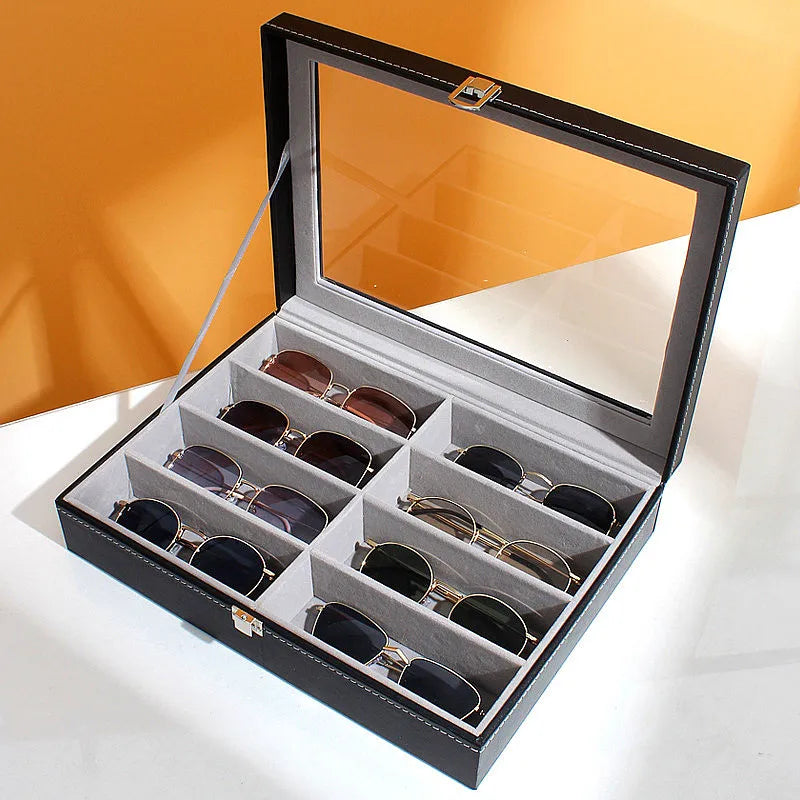 Wholesale Portable 8 Grid Slots Black Sunglasses Glasses Box PU Leather Sun Glasses Case Display