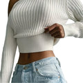 Autumn Casual Ribbed Skew Neck Knit Crop Sweater Long Sleeve off Shoulder Pullover With Front Logo