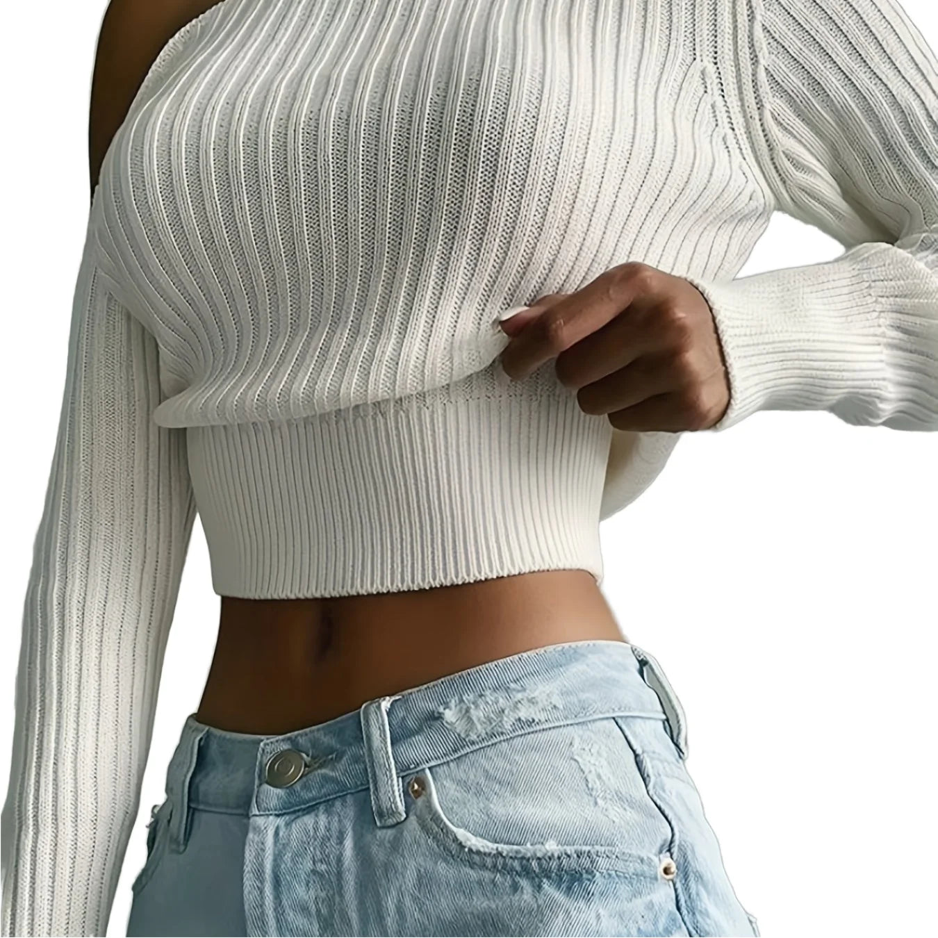 Autumn Casual Ribbed Skew Neck Knit Crop Sweater Long Sleeve off Shoulder Pullover With Front Logo