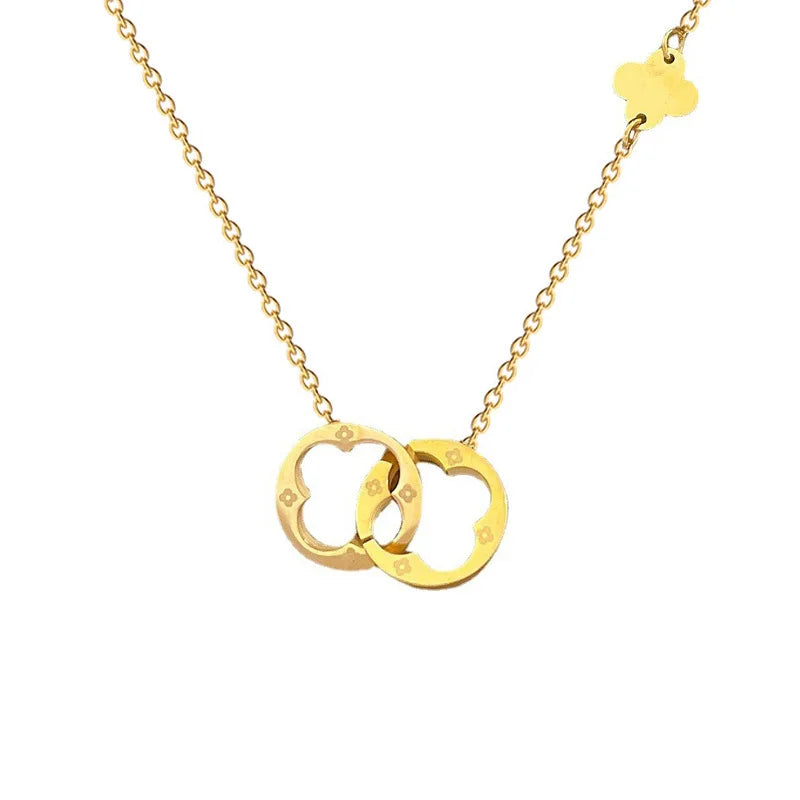 Fashion Women Party Geometric Pendant Chain Simple Double Rings Titanium Stainless Steel Gold Silver Clover Pendant Necklace