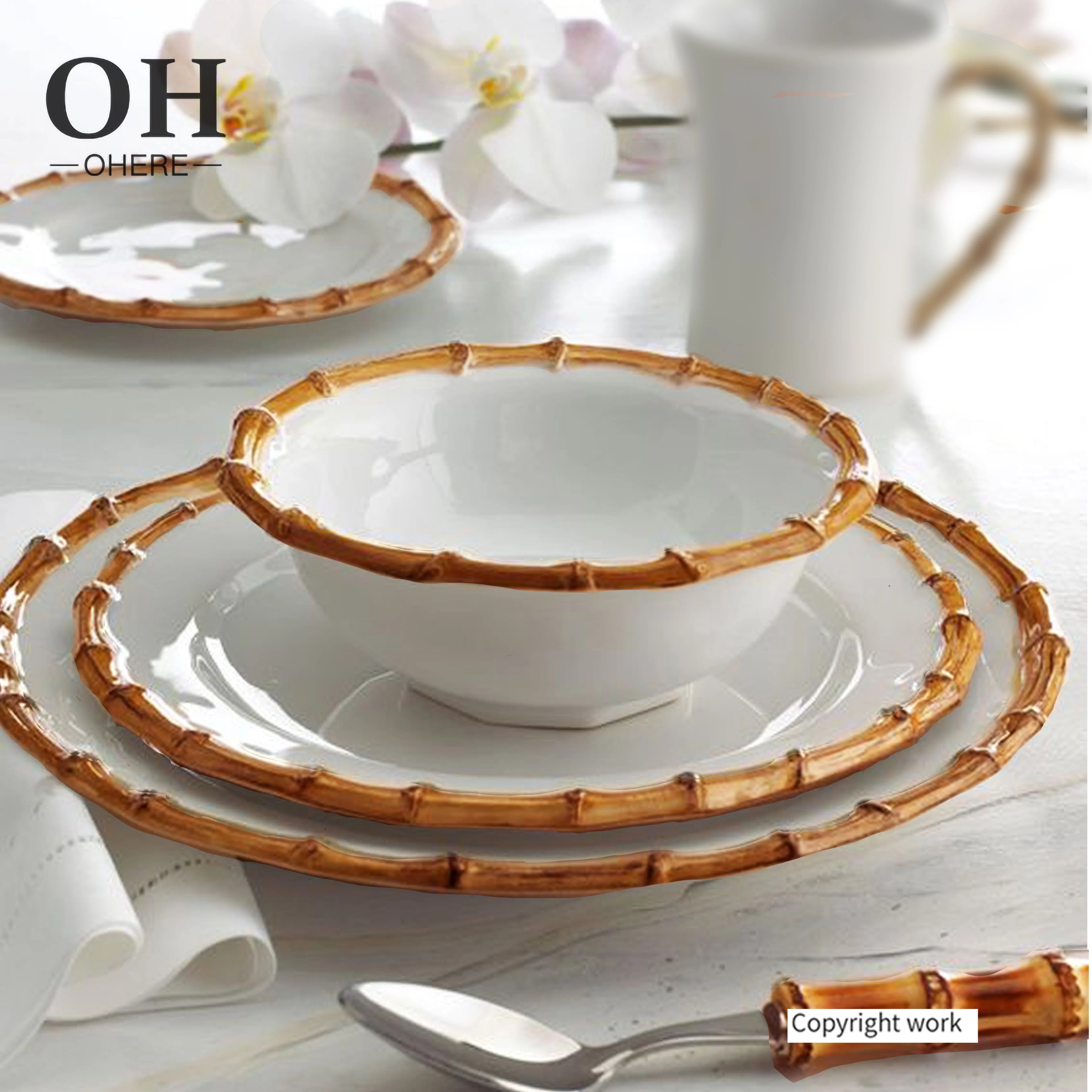 Minimalist White Charger Plate with Bamboo Rim Dishes Plates Dinnerware Set Porcelain for Wedding and Restaurant