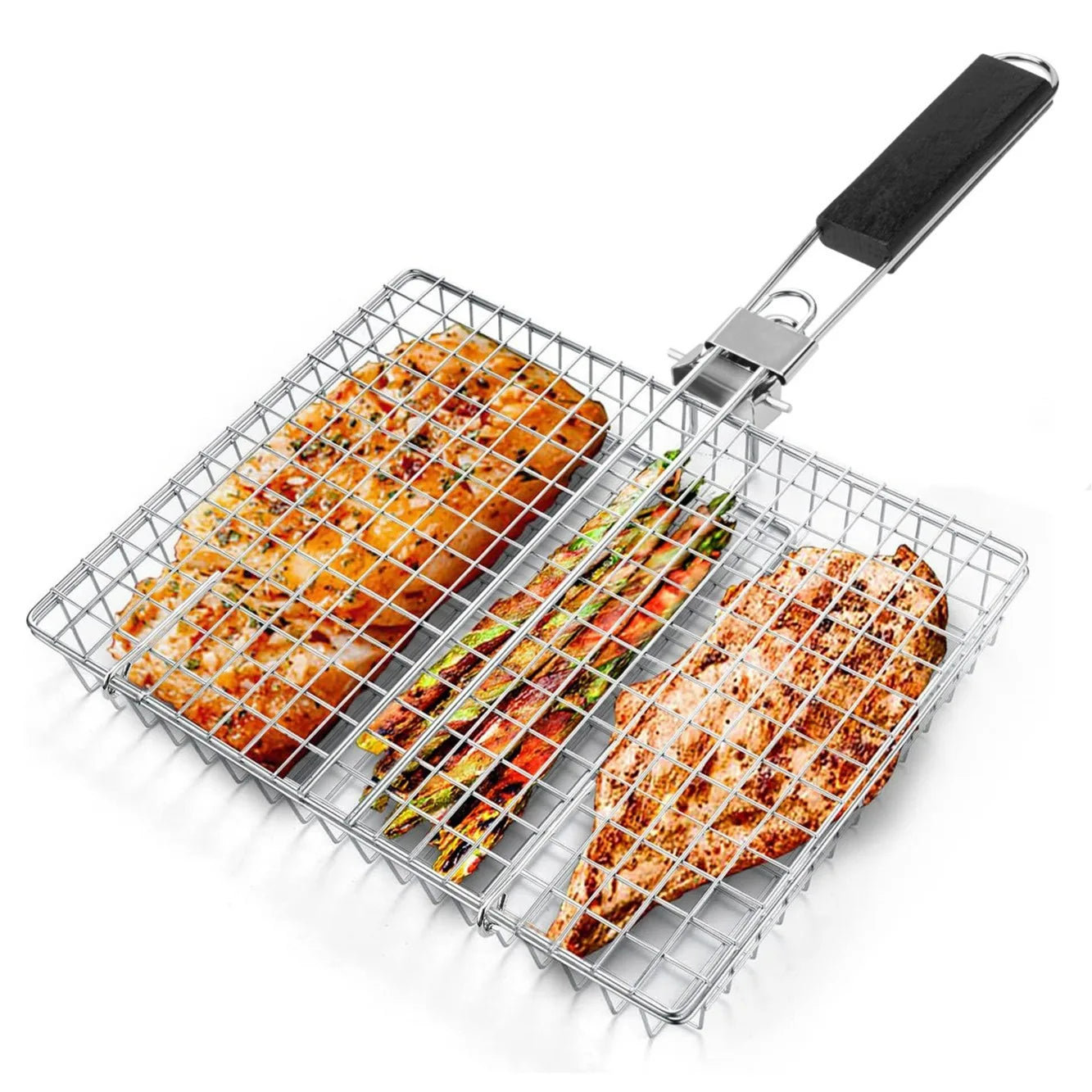 Modern Multi-Functional Outdoor Metal Mesh Grill Basket Steel Fold Wood Handle Chicken Fish Corn Barbecue Clip Tool Sets