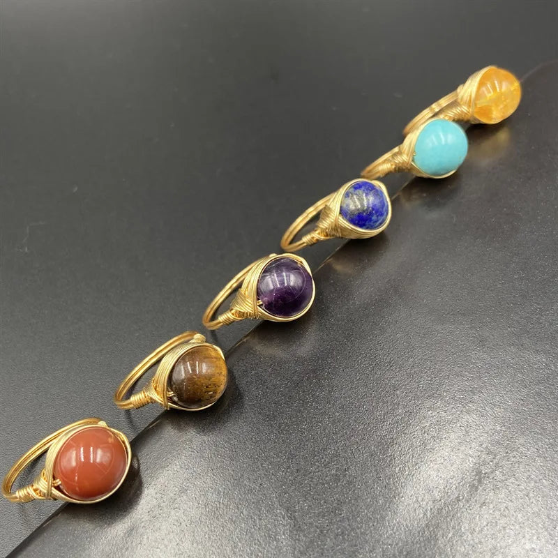 Hand Craft Wire Rings for Women Gemstone Silver Plated Wrapped Stone Amethyst Agates Lava Quartz Circle Healing Natural