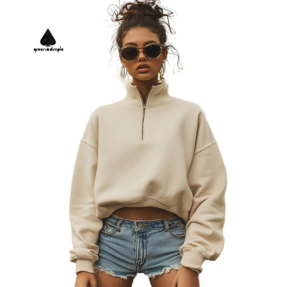 Green Dimple OEM Sweatshirt Women Oversize Workout Hoodies Crop Top Heavyweight Cotton Half Zip Pullover Sweatshirt for Women