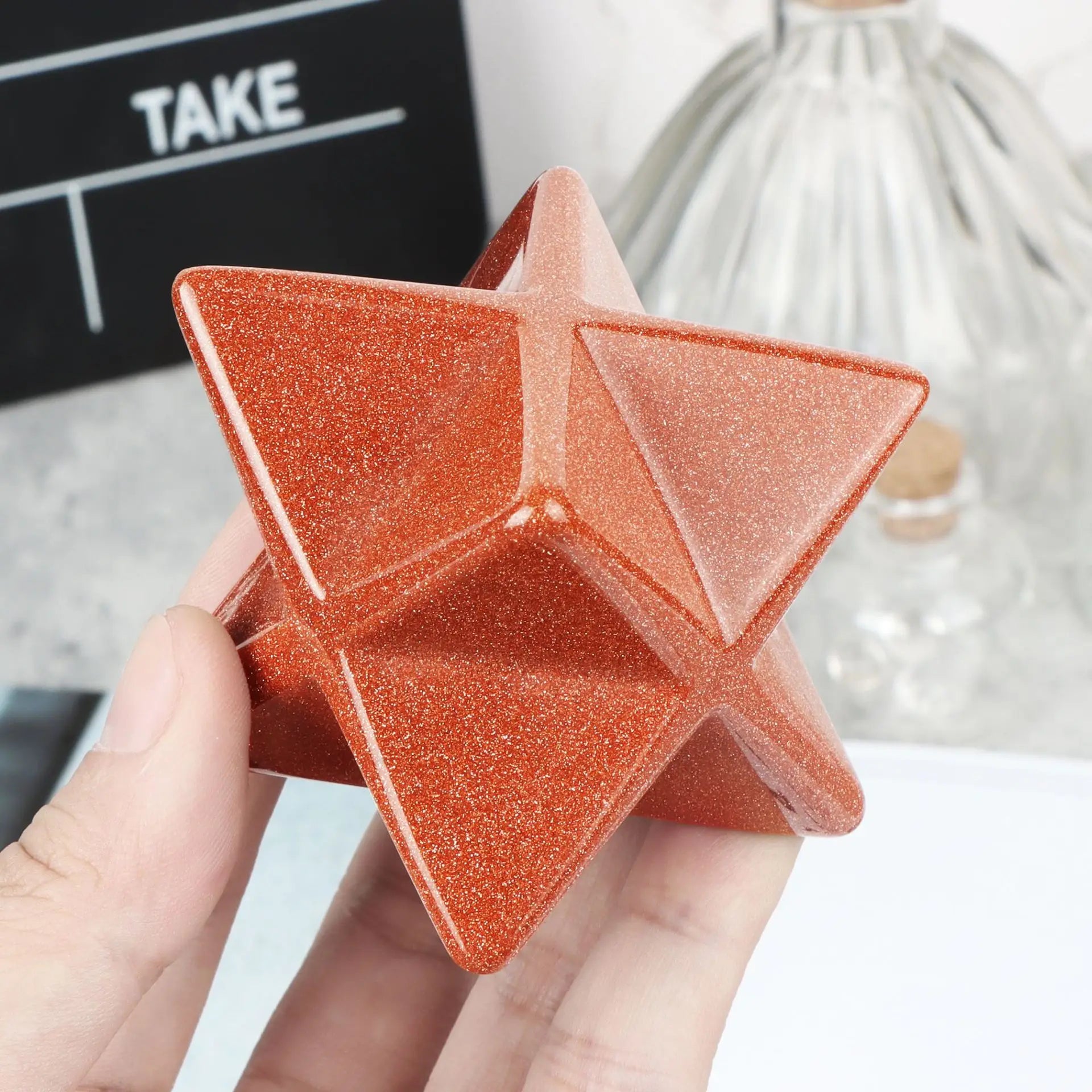 Huiying 12 point wholesale crystal gemstone gold sand stone merkaba star pocket mini carving