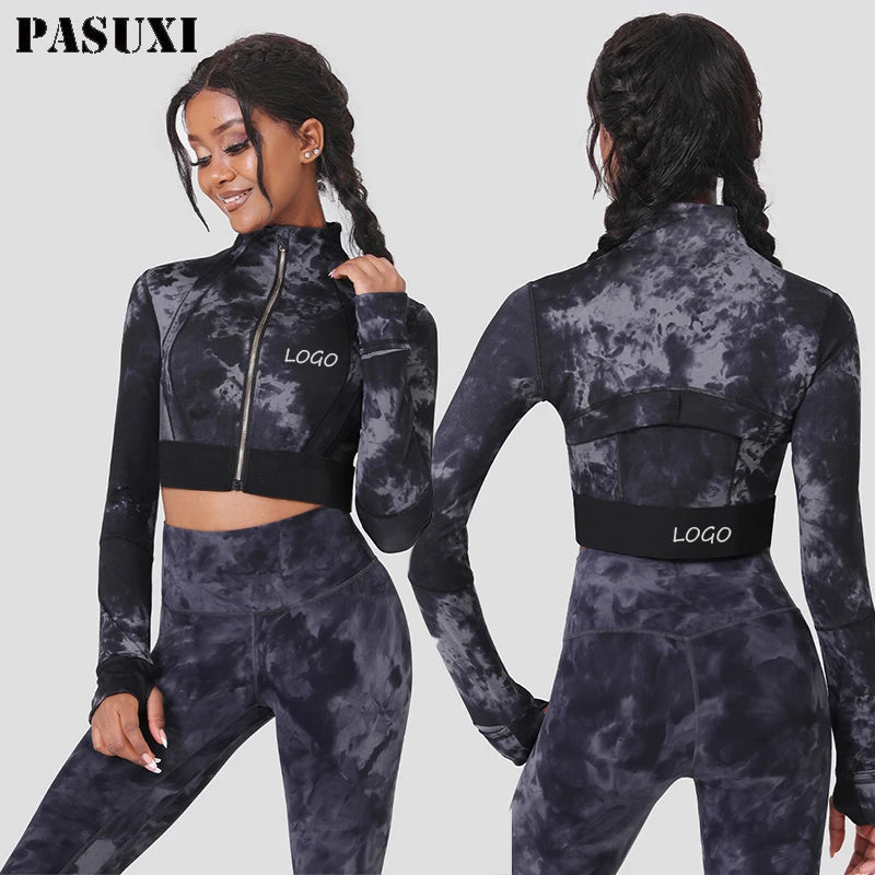 PASUXI Tie Dye Seamless Yoga Set Gym Fitness Workout Wear Long Sleeve High Waist Athletic Leggings Plus Size Yoga Set