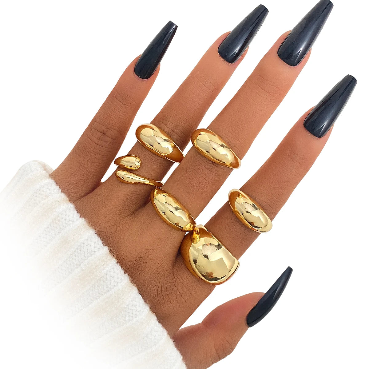 6Pcs/Set Punk Style Gold Color C Shape Open Ring for Women Jewelry