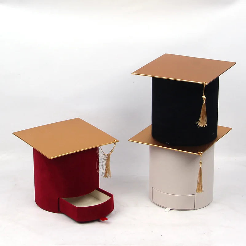 New Chocolate Souvenir Gift Students Doctoral Cap Shaped Drawer Graduation Hat Suede Flower Boxes with Lids
