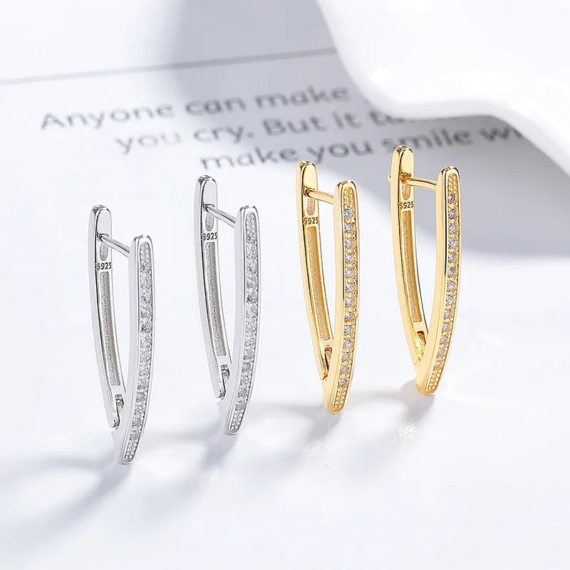 Fashion Jewelry 925 Sterling Silver Big Earrings V Shape Row of Full Diamond Zircon Gold Plated Hoop Earrings for Women