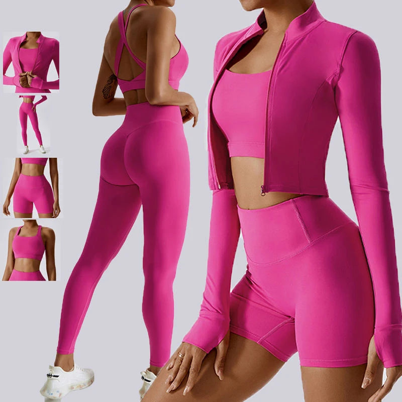 Women's Wholesale Gym Fitness Seamless Sports Suit Long Sleeve Jacket Leggings With Print Solid Design Spandex Workout Material