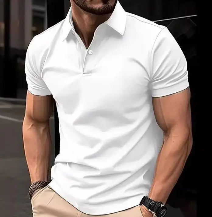 Men's Casual Solid Color Button Short Sleeved T-shirt Fashion Business Office Wear POLO Shirt