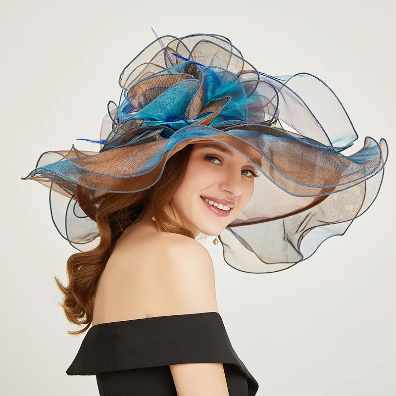 Classical Foldable Stripe Big Flower British Style Elegant Wide Brim Church Bride Wedding Party Organza Fedora Hat for Women