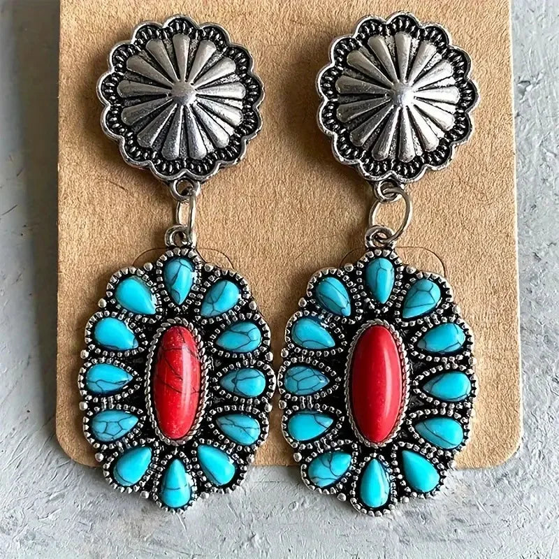 Hot Selling Bohemian Vintage Pumpkin Flower Shaped Ladies Geometric Pendant Earrings Exaggerated Turquoise Teardrop Earrings