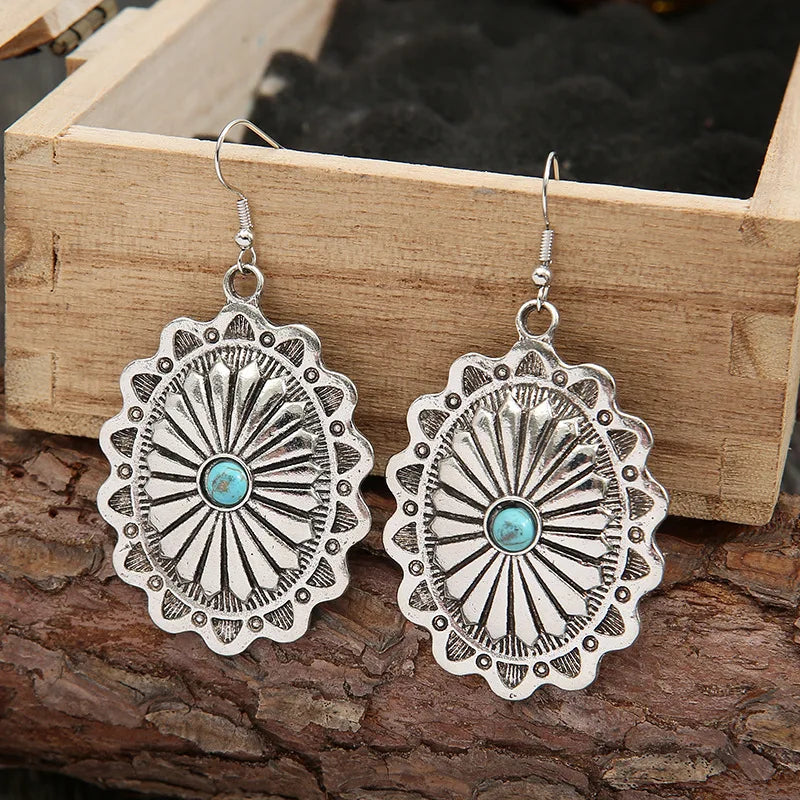 European and American Bohemian Style Southwest Chunky Vintage Alloy Turquoise Earrings