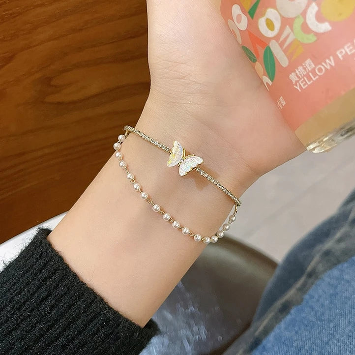 Korean Style Simple and Versatile Lover Bracelet Adjustable Niche Design Imitation Pearl Charm Bracelet for Women