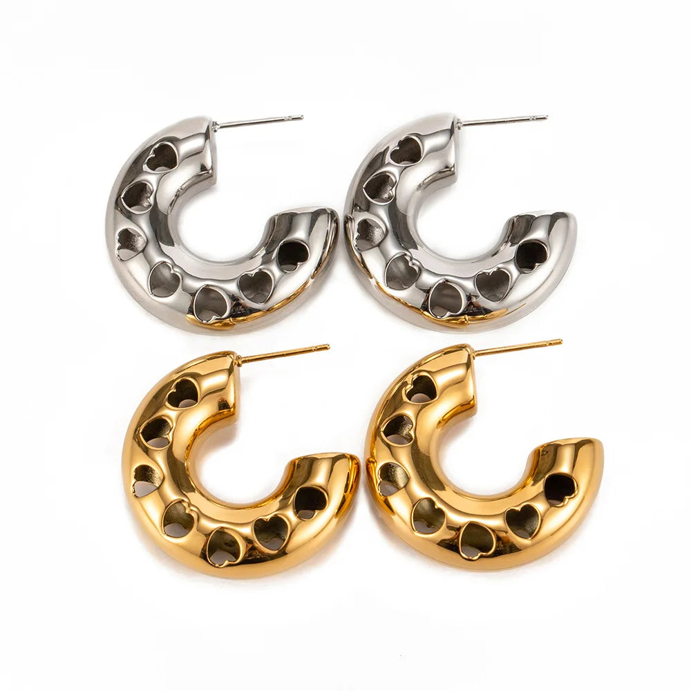 Waterproof 18K Gold Plated Jewelry Stainless Steel Hollow Out Love Heart Pattern C Shape Earrings for Women