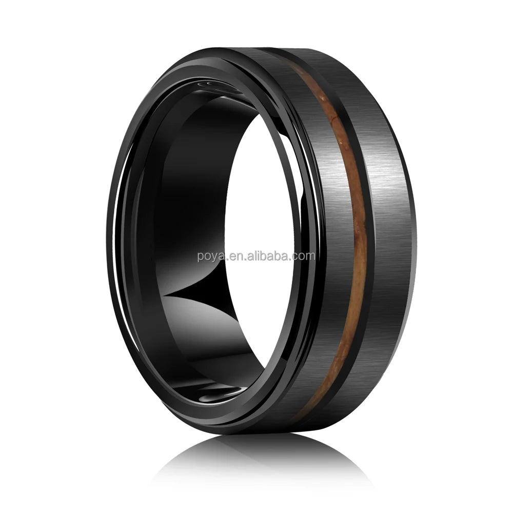 POYA Men's Women's Whiskey Barrel Wood Opal Inlay Black Step Edge Tungsten Carbide Wooden Rings for Wedding