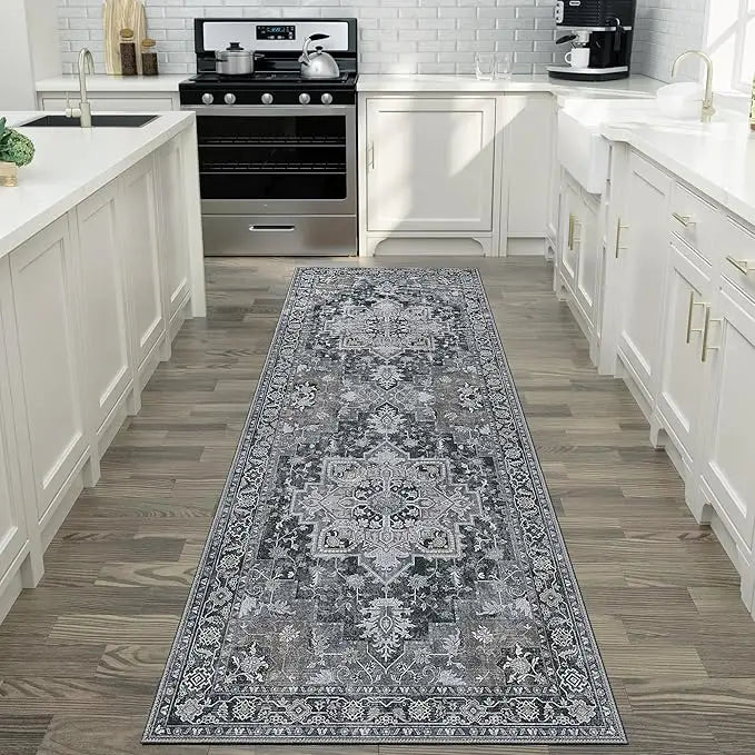 Dark Grey 2x6ft Runner Rugs Machine Washable Low Pile Wear Resistance Soft Print Vintage Retro Style Home Entryway Corridor