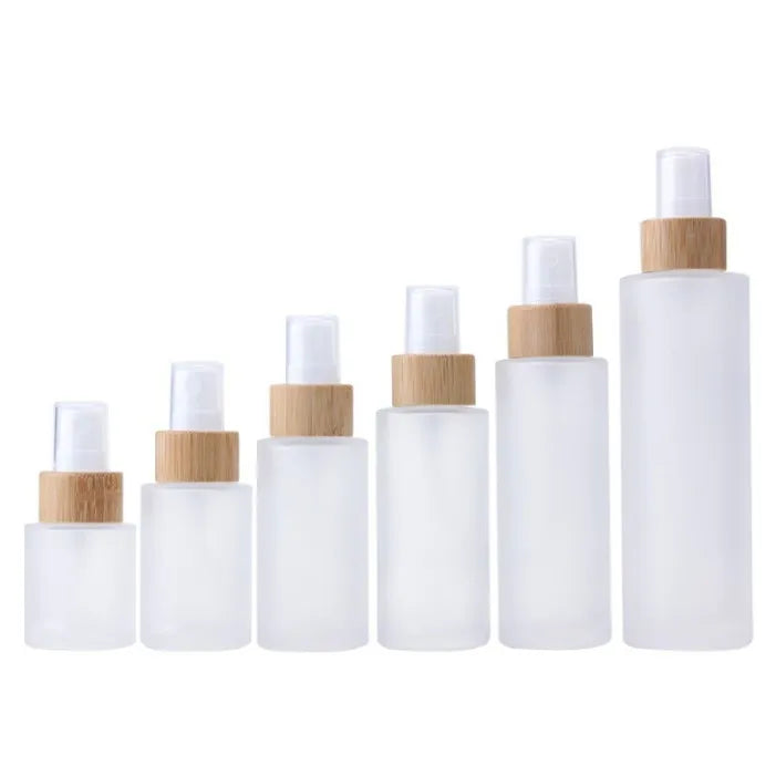 Luxury clear Frosted Glass Bottle with Bamboo Lid 20ml Flat Shoulder Glass Spray Bottle for Toner Cosmetic Packing