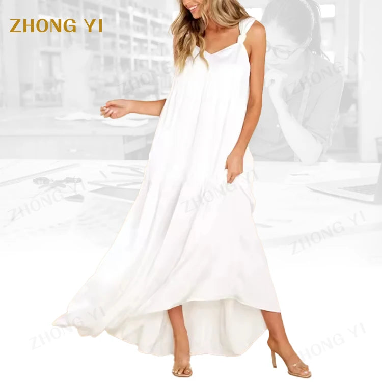 Wholesale Custom Women Summer Simple Polyester Solid Small V-Neck Backless Design Sleeveless Pocket Loose Casual Maxi Dresses
