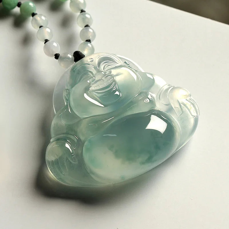 Jade Buddha Pendant for Man Ice Species Floating Green Jade Buddha Pendant Big Belly Laughing Buddha Pendant Necklace Jewelry