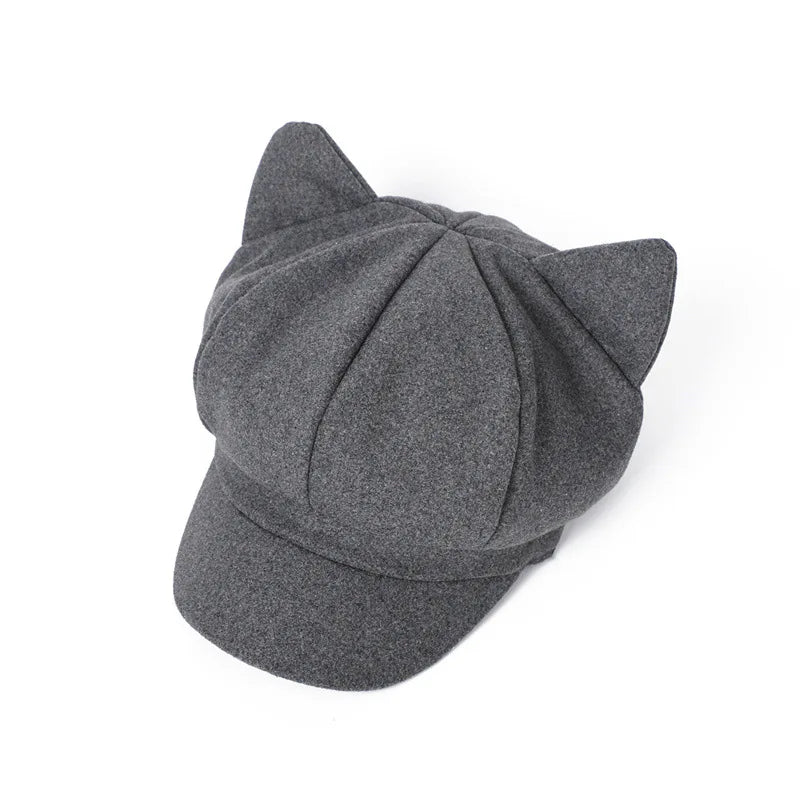 Cute Cat Ears Newsboy Hat Paperboy Caps Warm Cabbie Gatsby Painter Hats Vintage Wool Octagonal Cap for Women