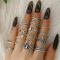 Women Boho Style Fashion Spider Skull Snake Palm Infinity 8 Irregular Cross Stars 15 Piece Knuckle Ring Set