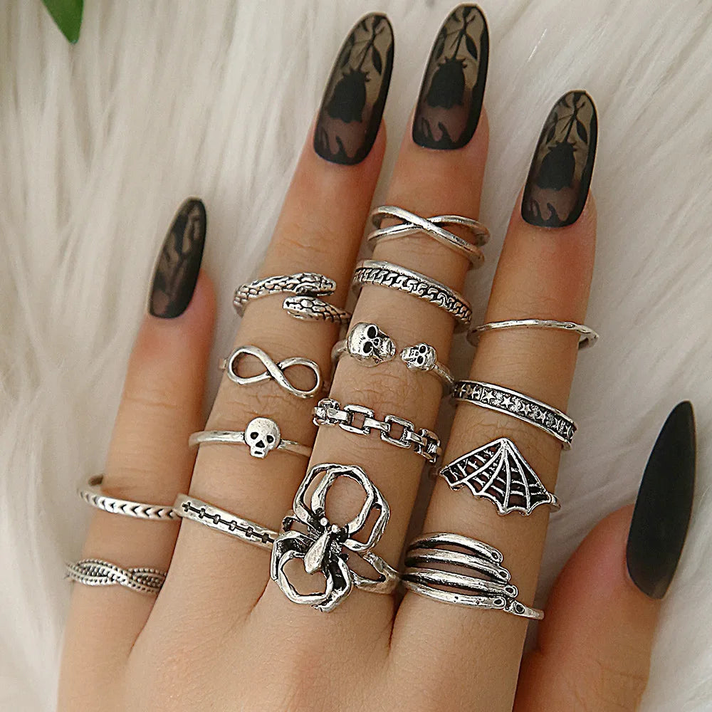Women Boho Style Fashion Spider Skull Snake Palm Infinity 8 Irregular Cross Stars 15 Piece Knuckle Ring Set
