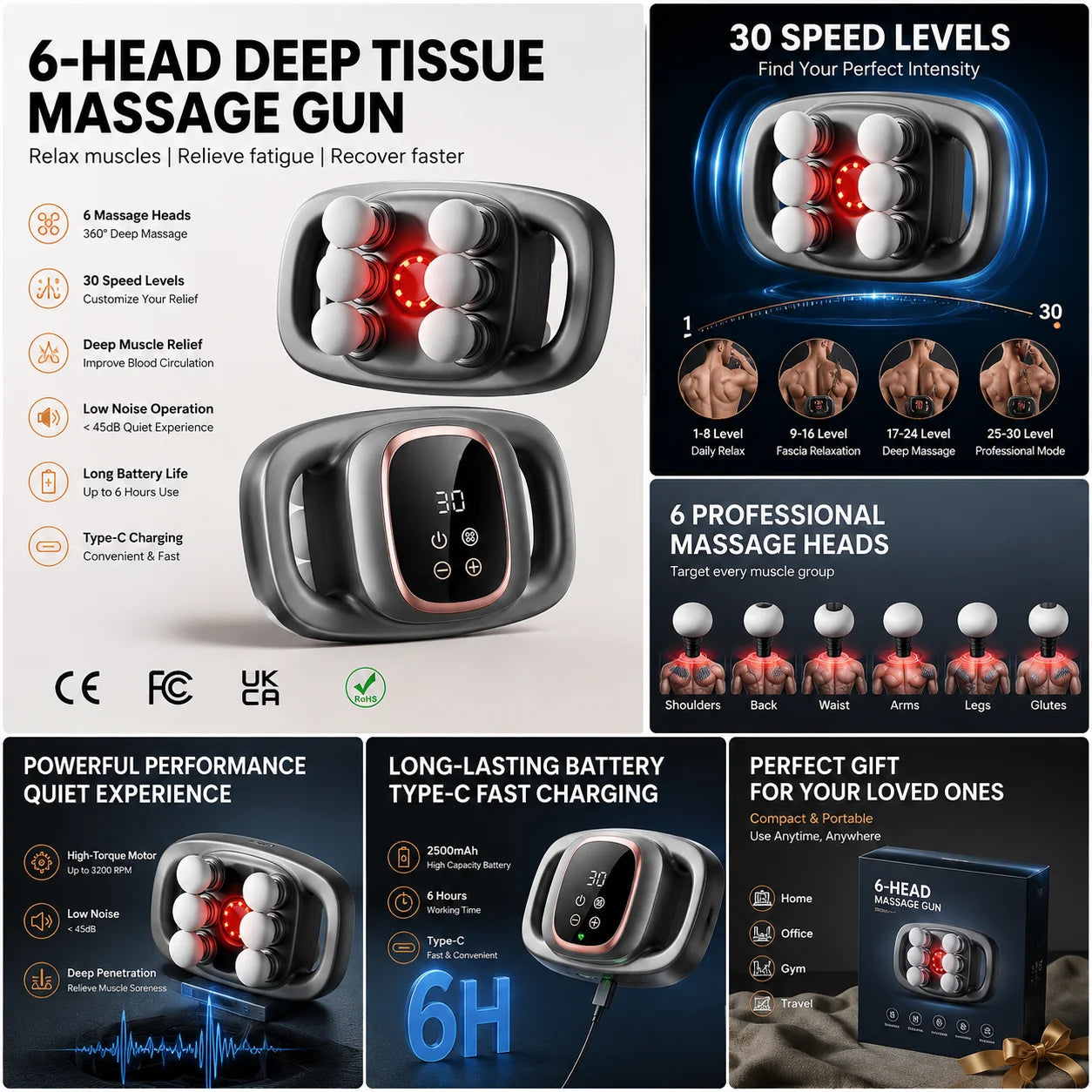 Professional Wireless Deep High-Frequency Multi Heads Fascia Gun Customized OEM ODM Muscle Vibration Body Massage Tool