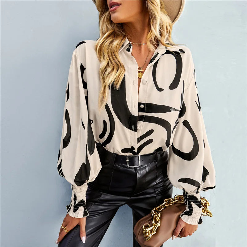 S-XXL Spring Print Commuter Long Sleeve Top Lapel Lantern Sleeve Casual Blouses for Women Long Sleeve Shirts New