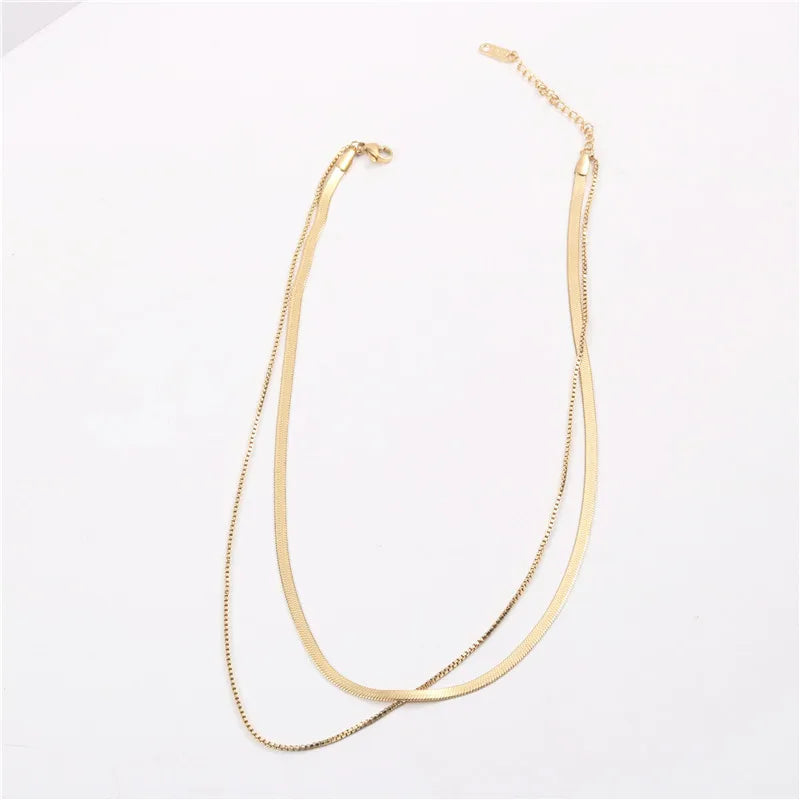 Fenny Wholesale 18K PVD Plated Waterproof Versatile Double Layered Herringbone Basic Chain Stainless Steel Necklace for Women