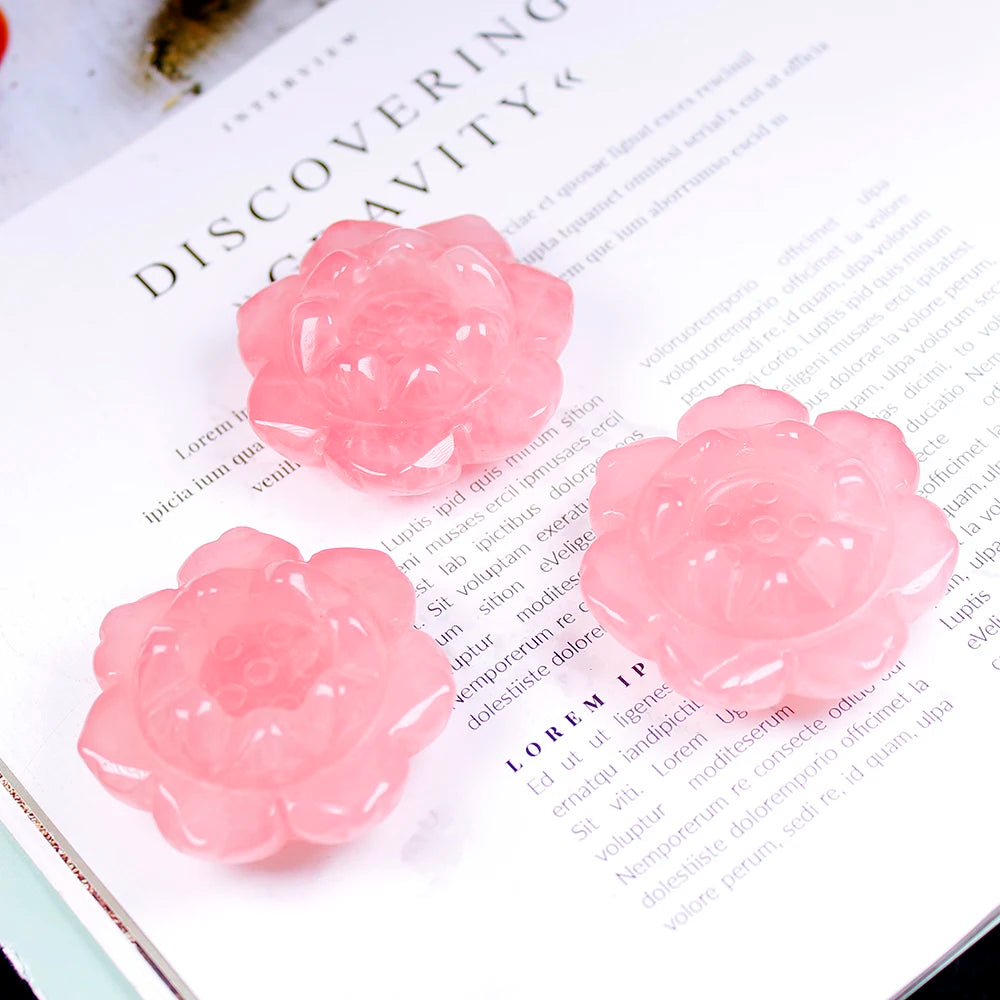 Natural Stone Crafts Polished  pink Rose Quartz Lotus Crystal Carving Ornaments DIY Pendant