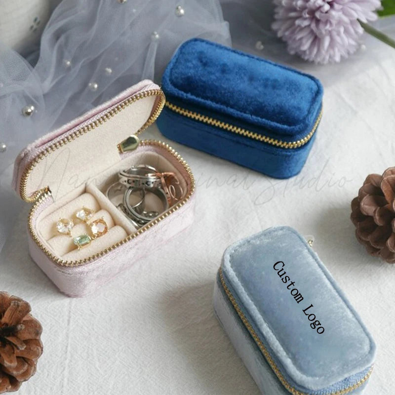 Custom Luxury Velvet Storage Gift Boxes with Logo Printed Velvet Organiser Earrings Accessories Mini Travel Jewellery Boxes Case