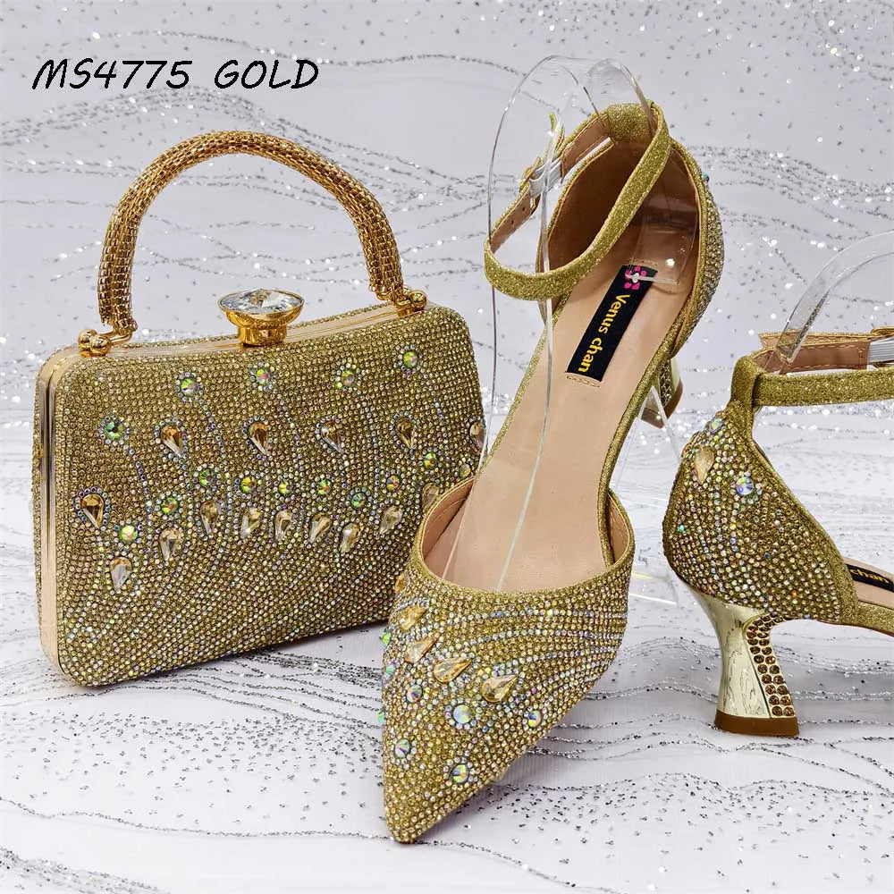 Good Quality Elegant Luxurious Shoes Women Rhinestones Handbag African Pointed Shoes and Bag Set for Wedding Party