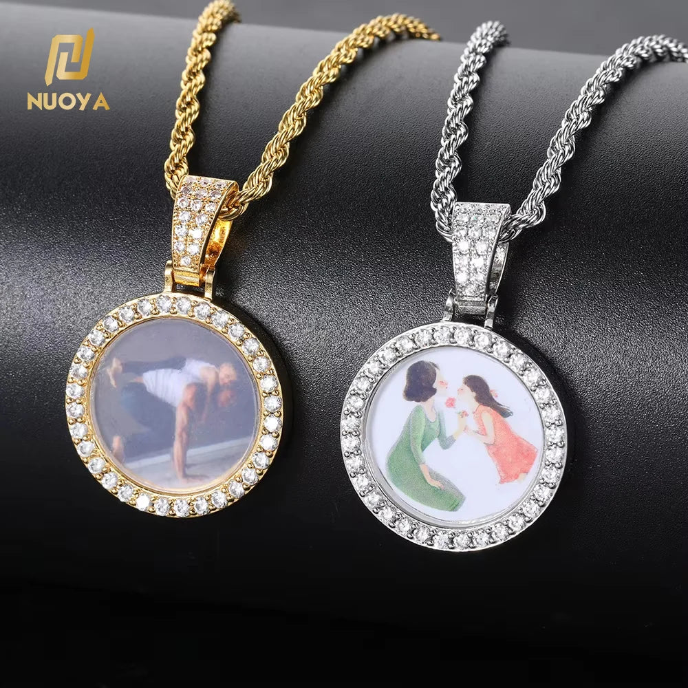 NUOYA Custom Photo Frame Locket Pendant Necklace Women 25mm Personalized Memory Picture Iced Out 18K Gold Charm Pendant