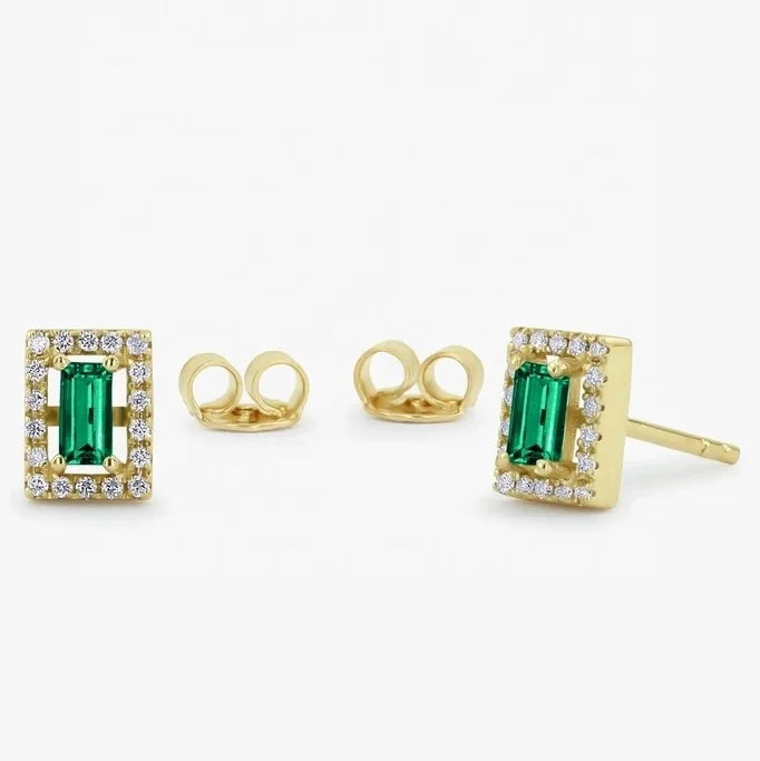 LOZRUNVE Jewelry Manufacturer Gold Silver 925 Shinning Diamond CZ Emerald Baguette Earring Stud