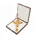 HT 40cm Orthodox Standing Cross Gold Plated Crucifix with Rhinestones and Icon Church Altar Decor Christian Religious Gift