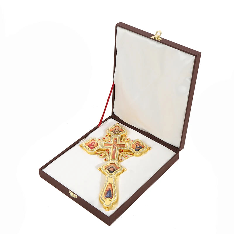 HT 40cm Orthodox Standing Cross Gold Plated Crucifix with Rhinestones and Icon Church Altar Decor Christian Religious Gift