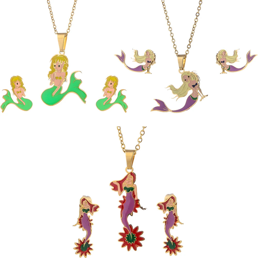 Fashion Jewelry Stainless Steel Enameled Kids Jewelry Set Necklace Earring Set