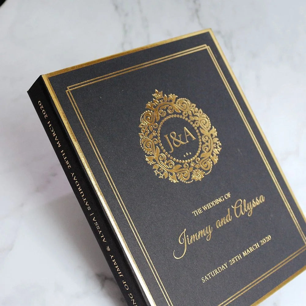 Luxury Black and Gold DIY Clear Acrylic Wedding Invitation Box Hardcover with Pocket Envelope Featuring Music and Angel Style